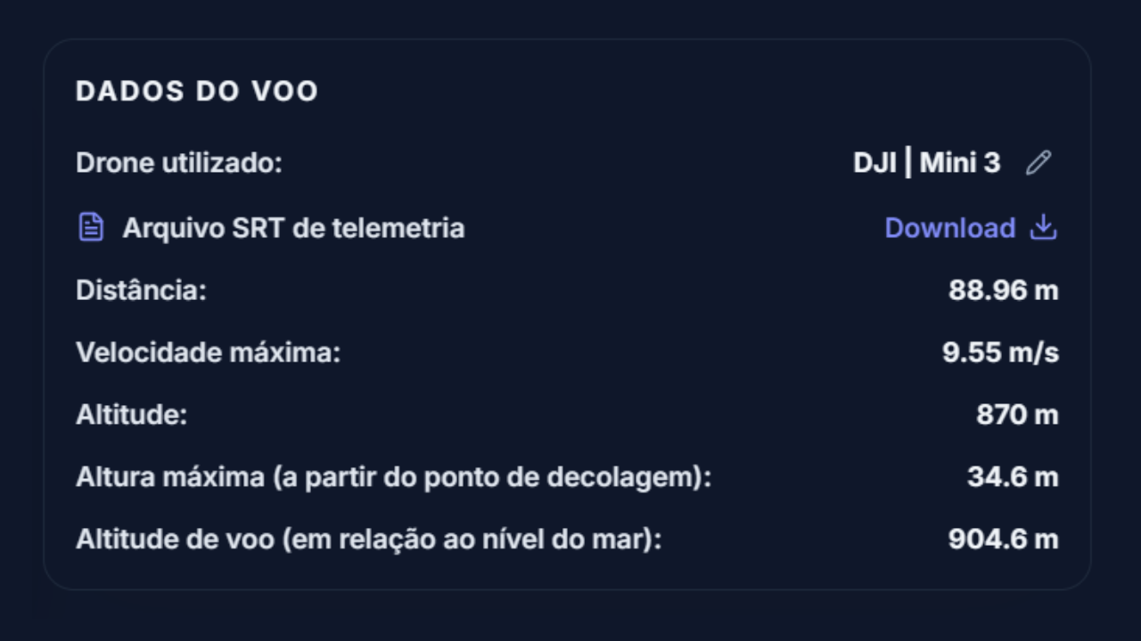 Painel de telemetria com dados extraídos do voo.